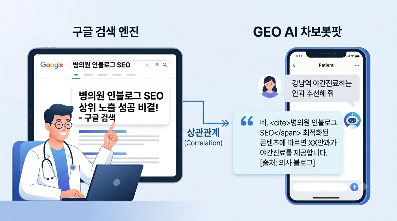 병의원 인블로그 SEO 전략 및 GEO 상관관계 안내 인포그래픽 이미지